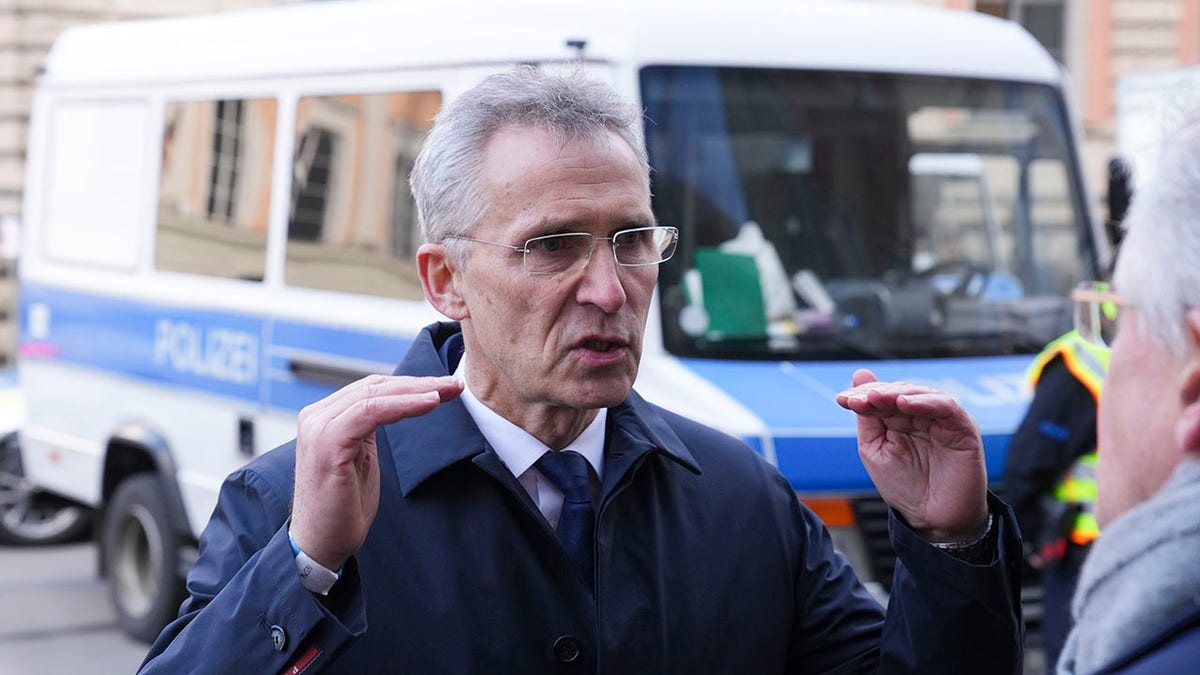 NATO Secretary General Jens Stoltenberg speaks to media during the Munich Security Conference in Munich, Germany, Saturday, Feb. 19, 2022. 