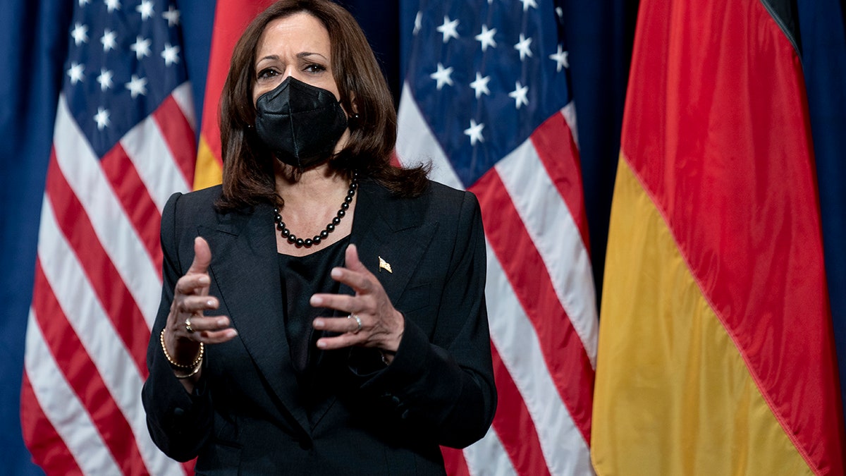 Vice President Kamala Harris speaks to members of the media at her hotel after attending the Munich Security Conference, Sunday, Feb. 20, 2022, in Munich. 