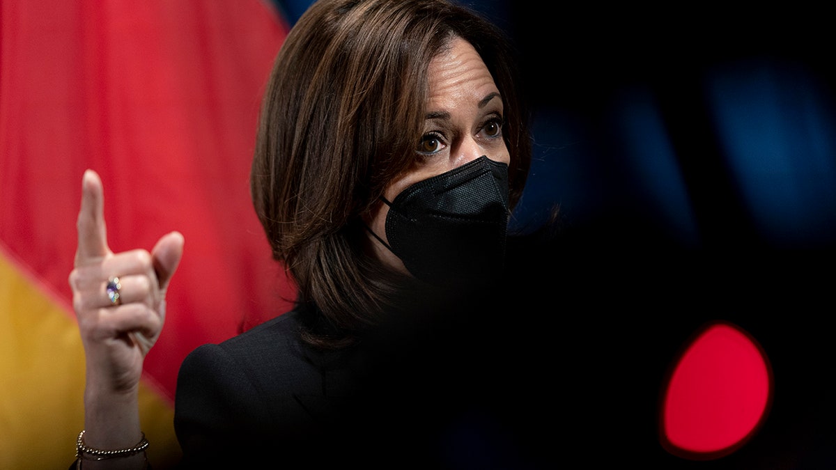 Vice President Kamala Harris speaks to members of the media at her hotel after attending the Munich Security Conference, Sunday, Feb. 20, 2022, in Munich. 