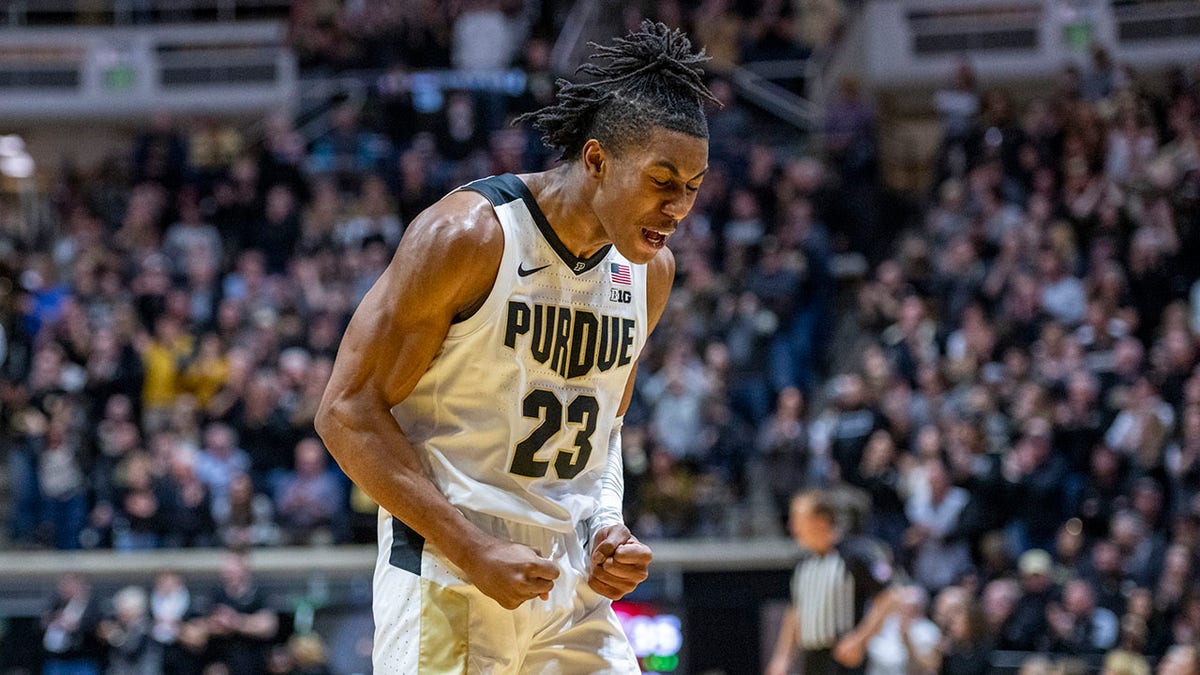 Purdue guard Jaden Ivey (23) reacts during the first half of an NCAA college basketball game against Rutgers, Sunday, Feb. 20, 2022, in West Lafayette, Ind.