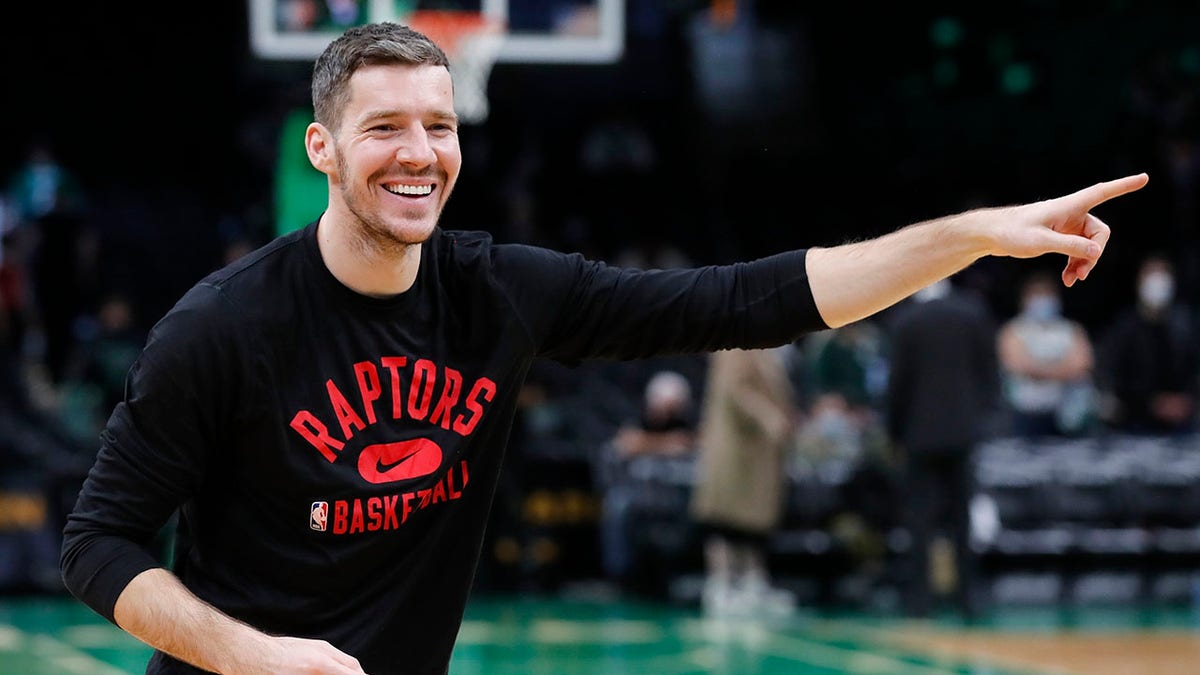 FILE - Toronto Raptors' Goran Dragic warms up before an NBA basketball game against the Boston Celtics, Wednesday, Nov. 10, 2021, in Boston. Dragic signed with the Brooklyn Nets on Monday, Feb. 21, 2022.