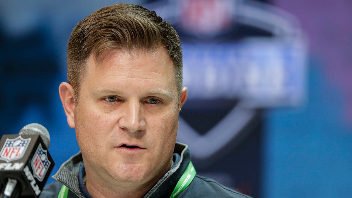 FILE -Green Bay Packers general manager Brian Gutekunst speaks during a press conference at the NFL football scouting combine in Indianapolis, Tuesday, Feb. 25, 2020. Green Bay Packers general manager Brian Gutekunst says he’s not giving Aaron Rodgers any deadlines for when to decide on a possible return but believes the four-time MVP will reach a resolution soon.