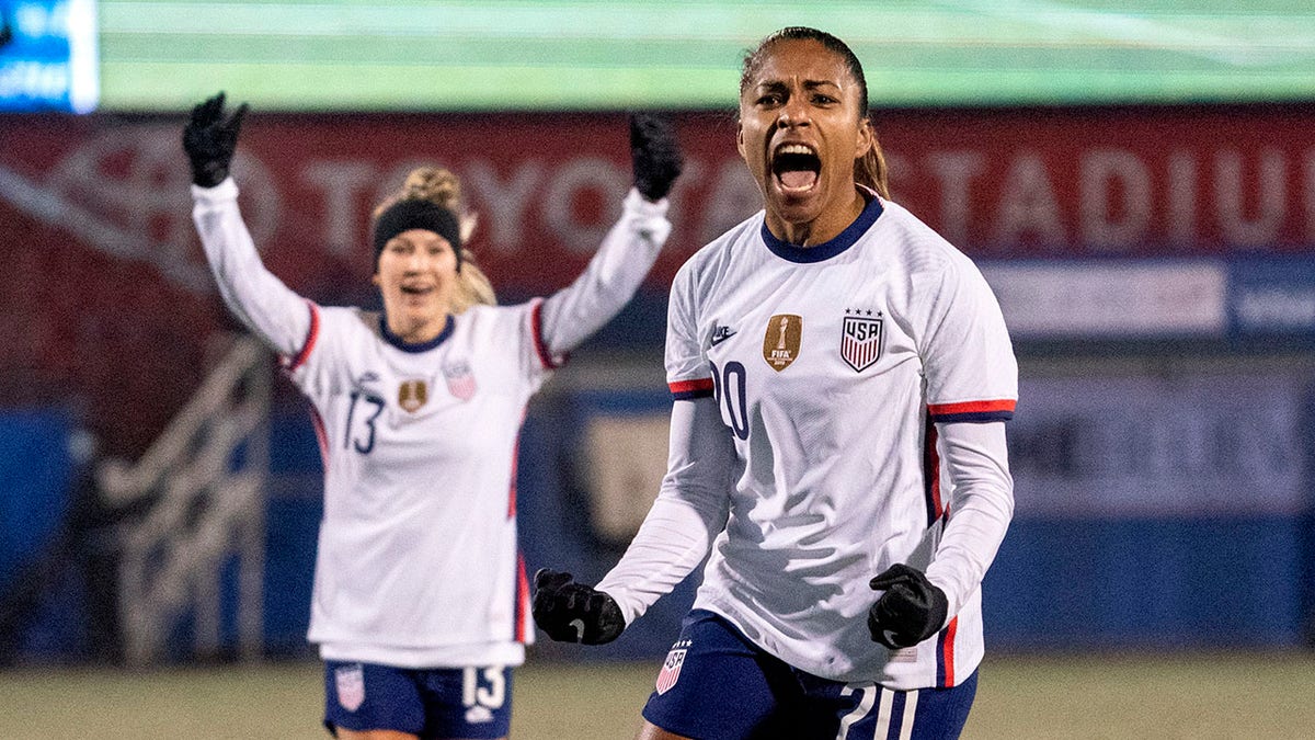 U.S. forward Catarina Macario (20) and midfielder Ashley Sanchez (13) celebrate Macario's goal during the first half against Iceland in a SheBelieves Cup soccer match Wednesday, Feb. 23, 2022 in Frisco, Texas.