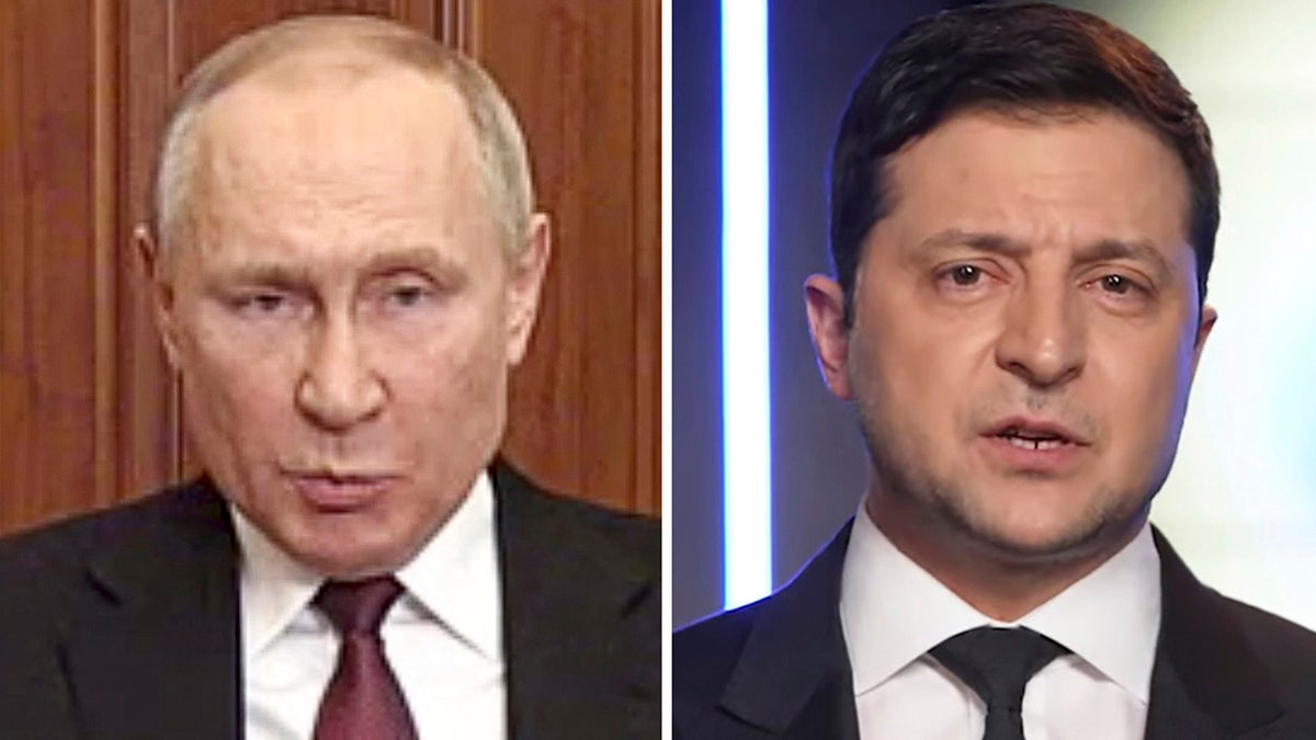 In these frames from Feb. 24, 2022, videos, Russian President Vladimir Putin, left, speaks in Moscow and Ukrainian President Volodymyr Zelenskyy speaks in Kyiv. (Russian Presidential Press Service and Ukrainian Presidential Press Office via AP)