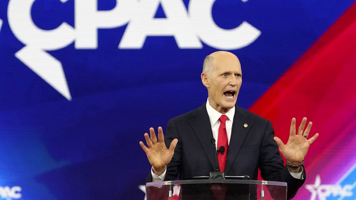 Sen. Rick Scott, R-Fla., speaks at the Conservative Political Action Conference (CPAC) Saturday, Feb. 26, 2022, in Orlando, Florida. (AP Photo/John Raoux)