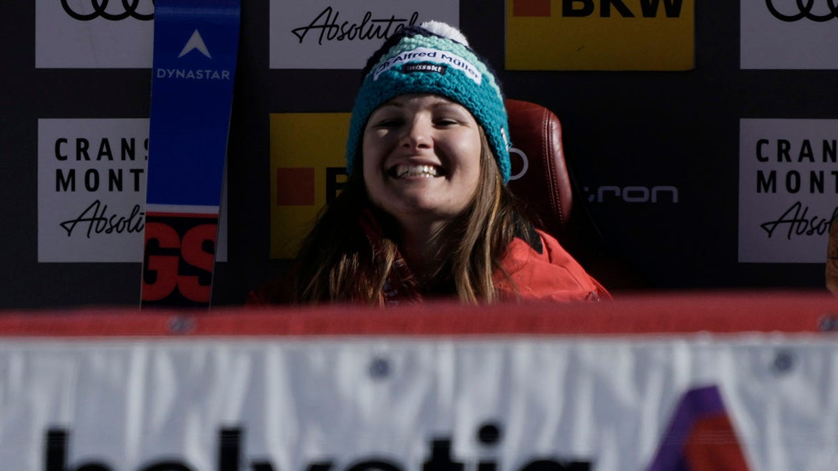 Switzerland's Priska Nufer smiles at finish after completing an alpine ski, women's World Cup downhill race, in Crans Montana, Switzerland, Sunday, Feb. 27, 2022.