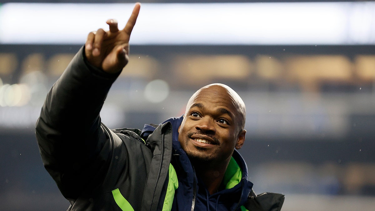 Adrian Peterson #21 of the Seattle Seahawks reacts after defeating the Detroit Lions 51-29 at Lumen Field on January 02, 2022 in Seattle, Washington.