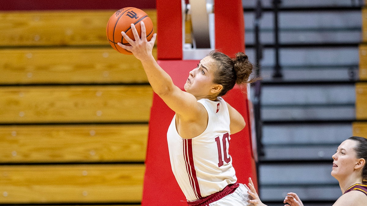 Indiana forward Aleksa Gulbe (10) pulls in a rebound during the second half of the team's NCAA college basketball game against Minnesota, Thursday, Feb. 3, 2022, in Bloomington, Ind.