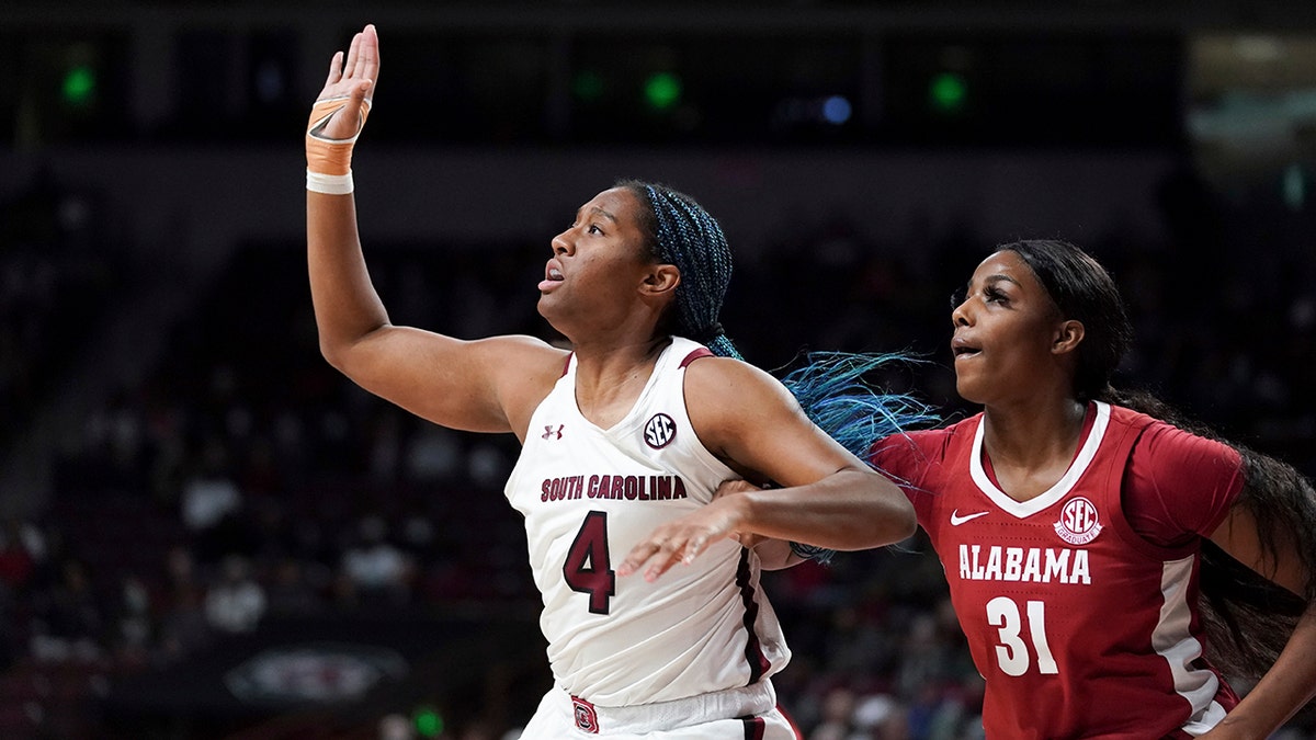 South Carolina forward Aliyah Boston (4) calls for the ball against Alabama center Jada Rice (31) during the first half of an NCAA college basketball game Thursday, Feb. 3, 2022, in Columbia, S.C. 