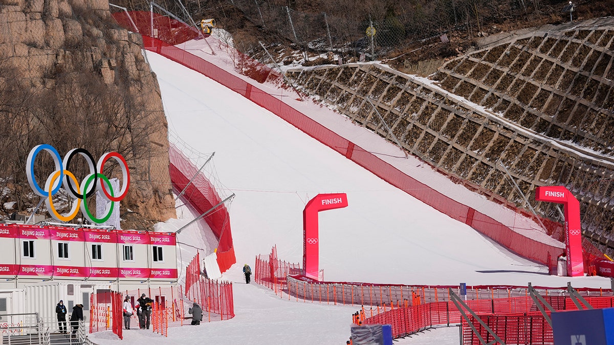 A view from the finish area of the alpine skiing course at the 2022 Winter Olympics, Wednesday, Feb. 2, 2022, in the Yanqing district of Beijing.