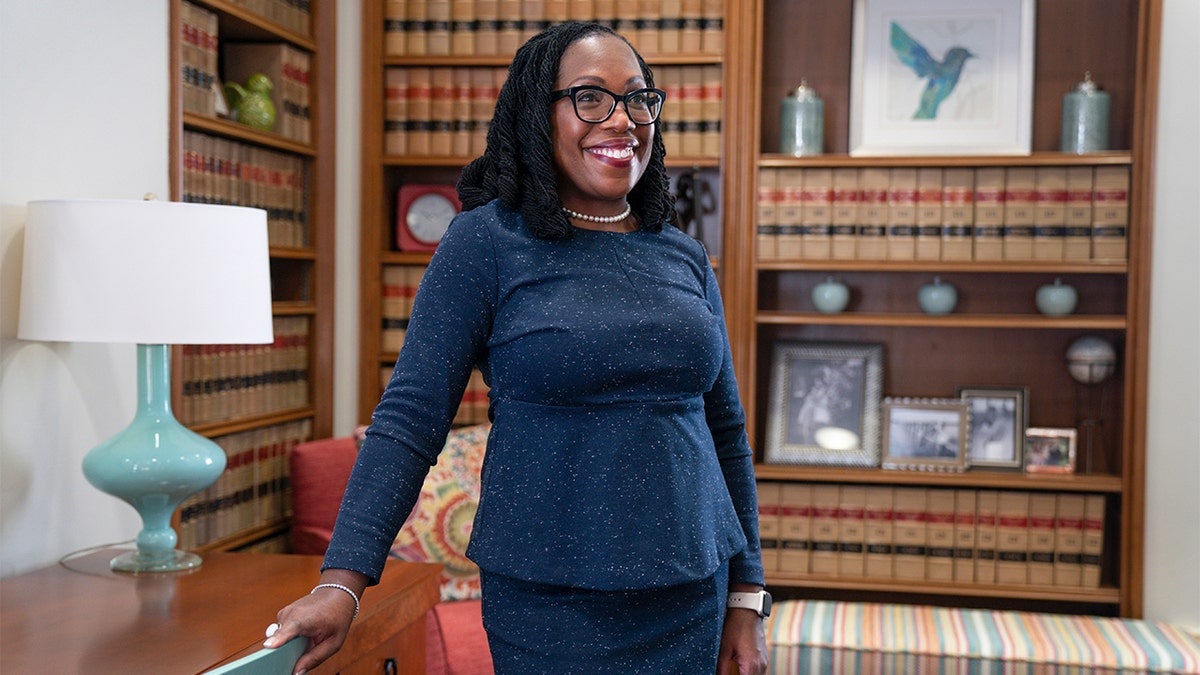 Judge Ketanji Brown Jackson, who is a U.S. Circuit Judge on the U.S. Court of Appeals for the District of Columbia Circuit, poses for a portrait, Friday, Feb., 18, 2022, in her office at the court in Washington.?