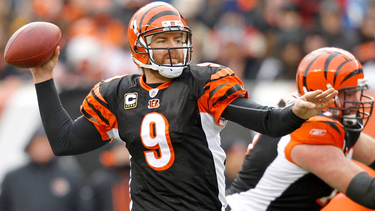 Quarterback Carson Palmer (9) of the Cincinnati Bengals fades back in the pocket while playing the Cleveland Browns at Paul Brown Stadium on Dec. 19, 2010, in Cincinnati, Ohio.