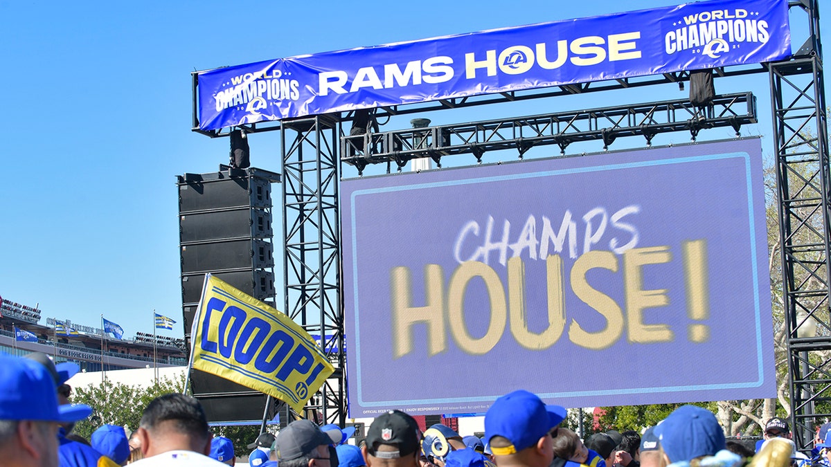 Signs at the Los Angeles Rams Super Bowl LVI Victory Parade and Rally on Feb. 16, 2022 in Los Angeles, California.