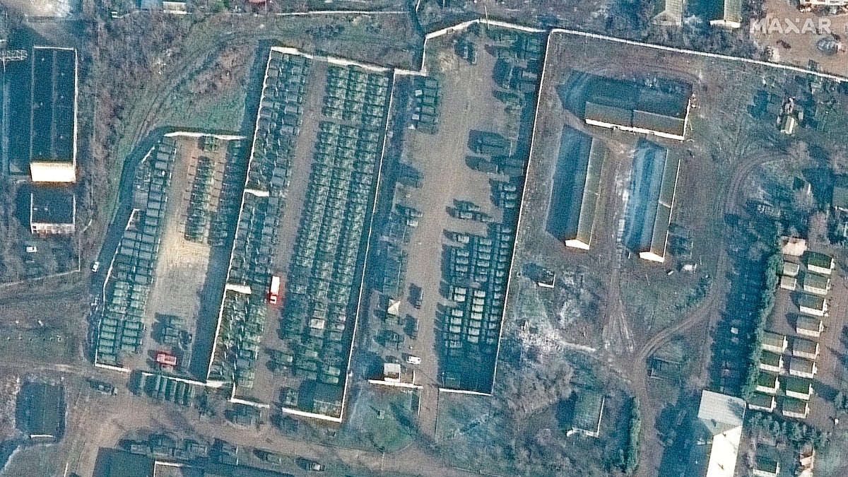 Troops and vehicles are seen gathered at Bakhchysarai, Crimea, on Tuesday.