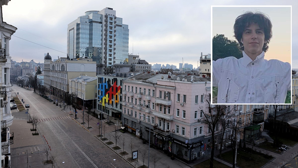 A deserted street is seen after Russia launched a massive military operation against Ukraine, in Kyiv, Ukraine, on February 26, 2022. In the inset photo: Ukrainian Danill Rusanyuk, who is 17 years old. He's been studying in Texas for the past six months.