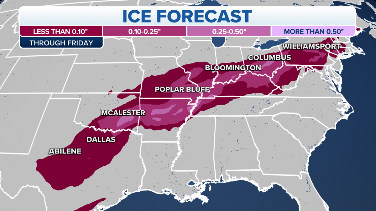 Ice forecast from Texas to the Ohio Valley