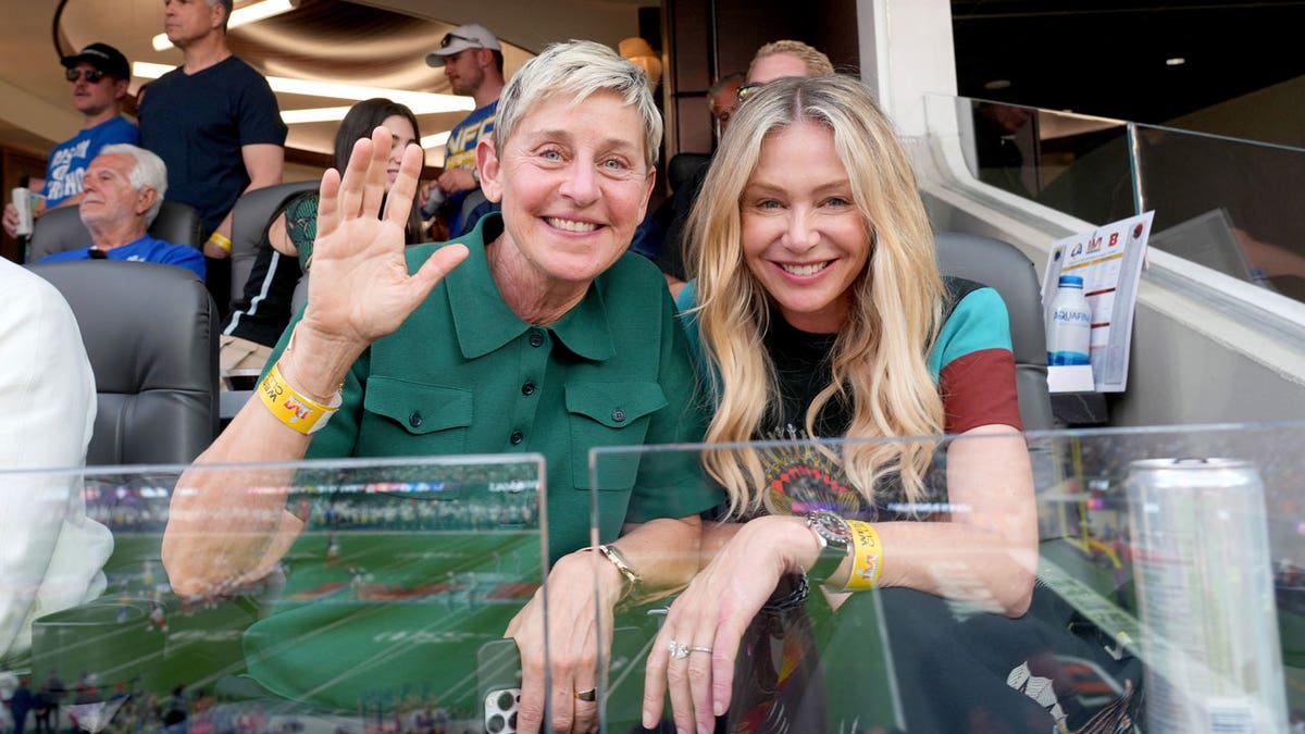Ellen DeGeneres and Portia de Rossi attend at Super Bowl LVI.