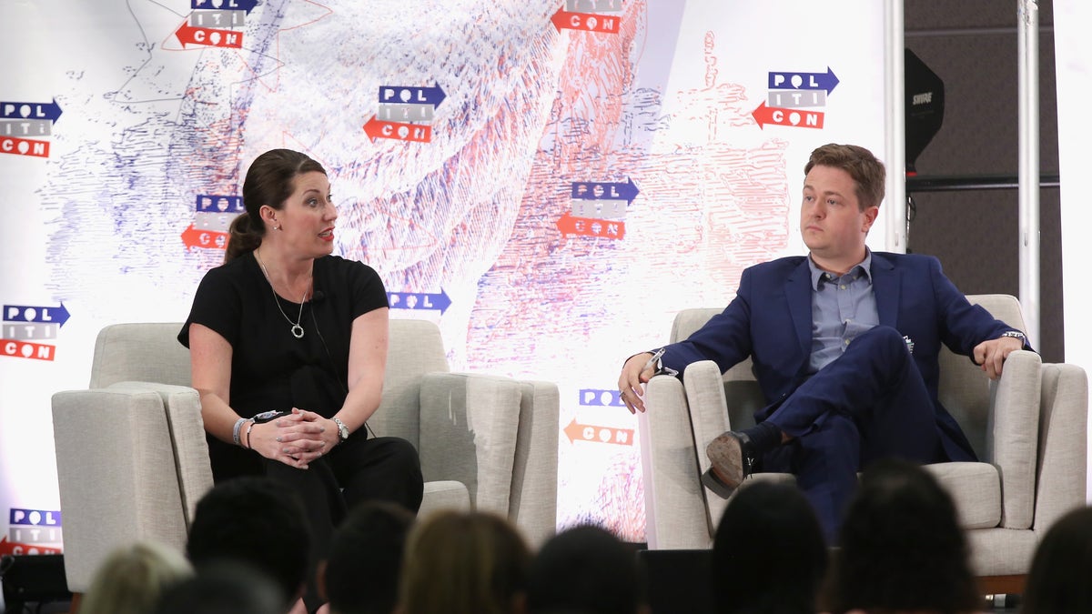 LOS ANGELES, CA - OCTOBER 20:  Alison Lundergan Grimes (L) and Johann Hari speak onstage during Politicon 2018. (Photo by Phillip Faraone/Getty Images for Politicon)