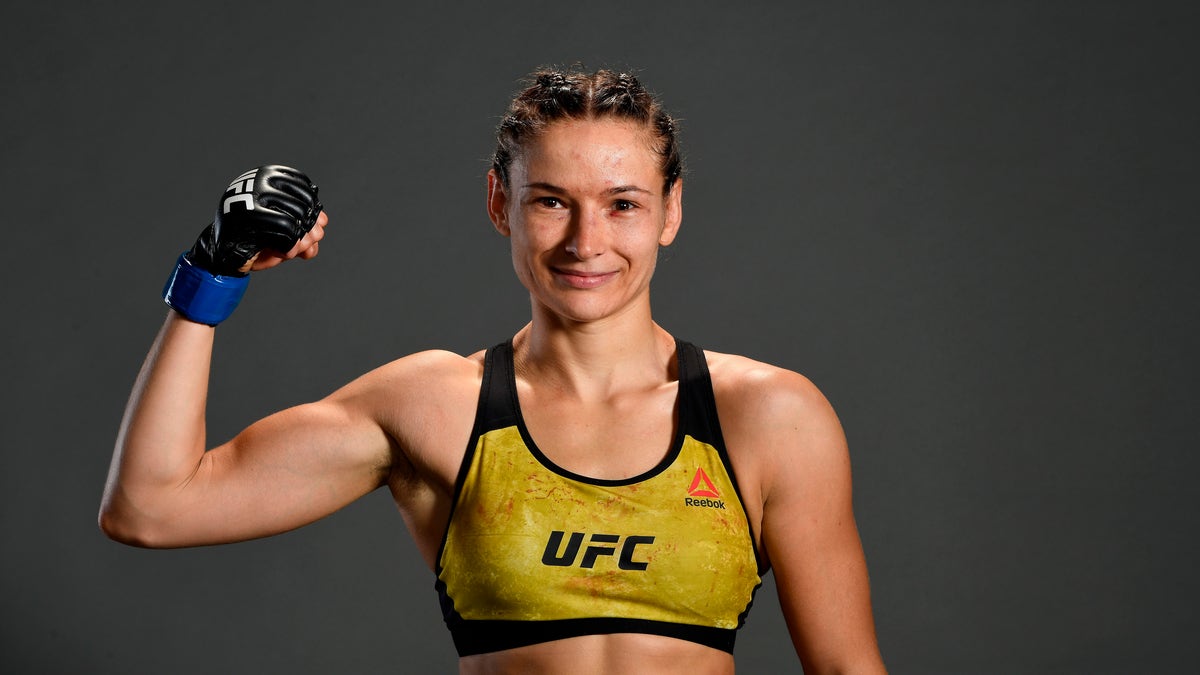 Maryna Moroz of Ukraine poses for a post fight portrait backstage during the UFC Fight Night event at Wells Fargo Center on March 30, 2019 in Philadelphia, Pennsylvania.