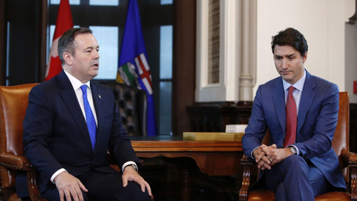 Alberta Premier Jason Kenney speaks while Canadian Prime Minister Justin Trudeau listens on Parliament Hill in Ottawa, Ontario, Canada, on Thursday, May 2, 2019.