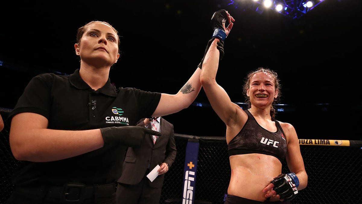 Maryna Moroz of Ukraine celebrates after defeating Mayra Bueno Silva of Brazil in their flyweight fight during the UFC Fight Night event on March 14, 2020 in Brasilia, Brazil.