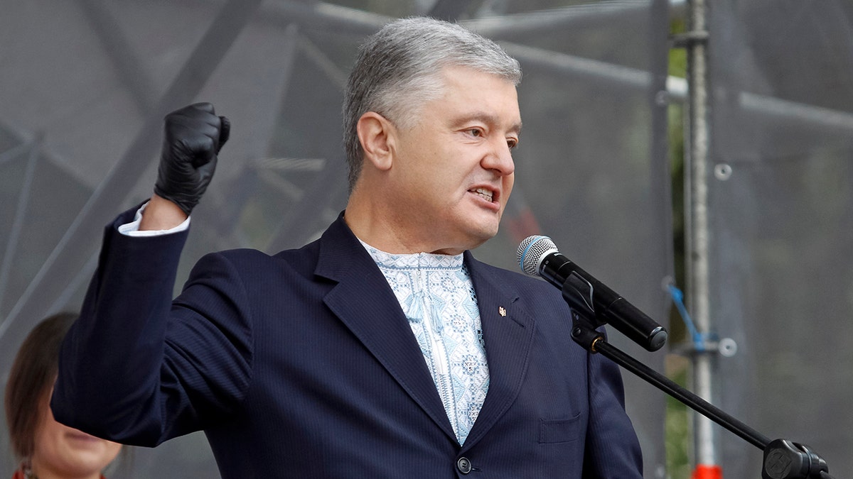Former Ukrainian President Petro Poroshenko speaks during a rally in Kyiv, July 16, 2020.
