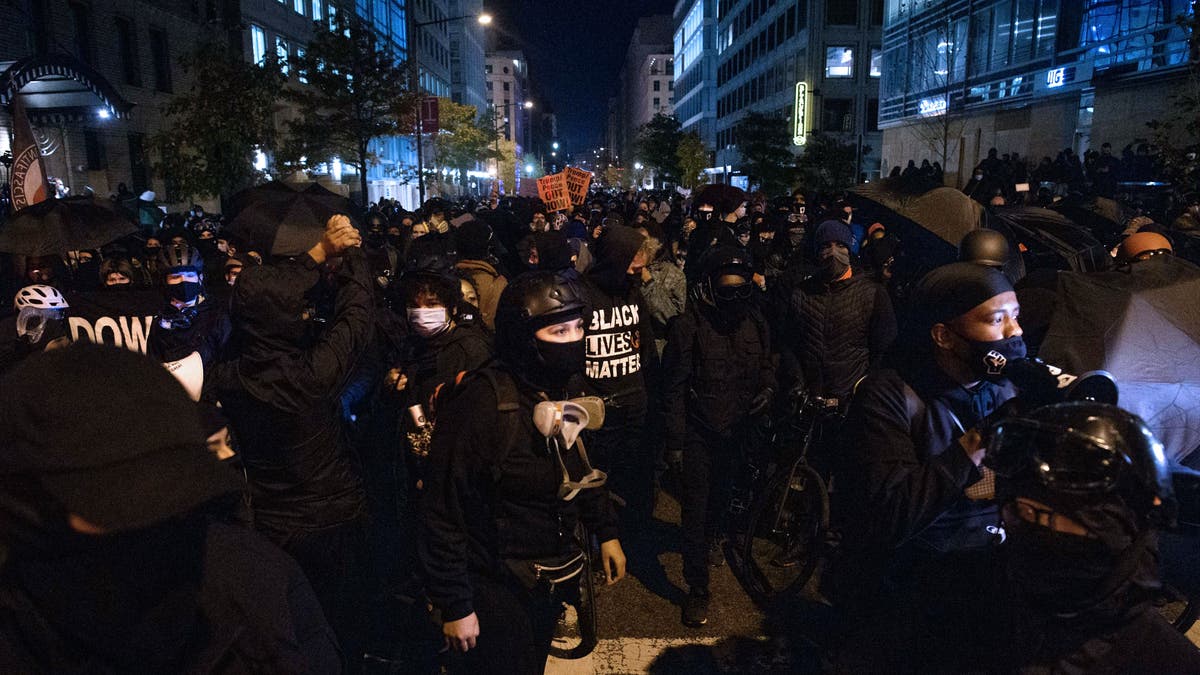 Antifa and Black Lives Matter demonstrators protest on election night near the White House in Washington, D.C. on November 3, 2020. 