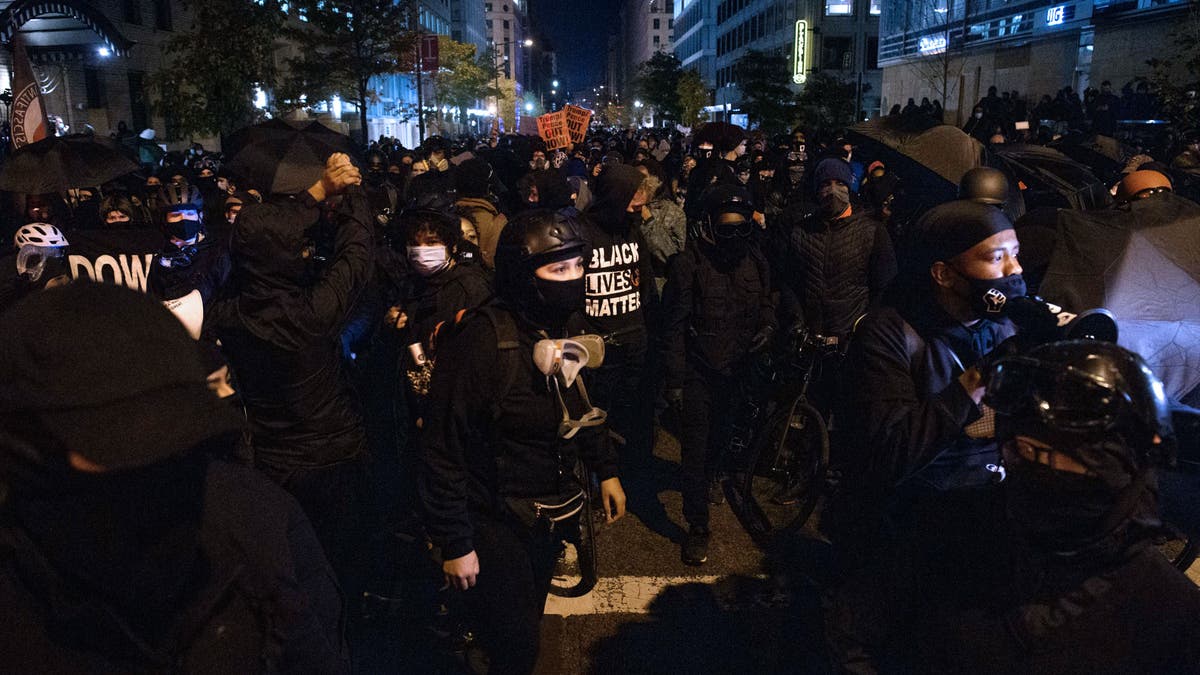 Antifa and Black Lives Matter demonstrators protest on election night near the White House in Washington, D.C. on November 3, 2020.