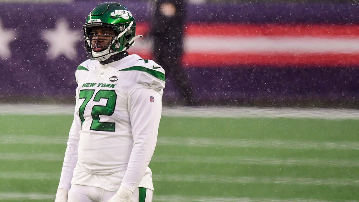Cameron Clark of the New York Jets looks on during the fourth quarter of a game against the New England Patriots Jan. 3, 2021,<strong> </strong>at Gillette Stadium in Foxborough, Mass.
