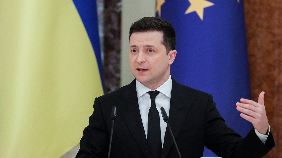 Ukrainian President Volodymyr Zelensky speaks during a joint press conference with European Council President in Kiev on March 3, 2021.