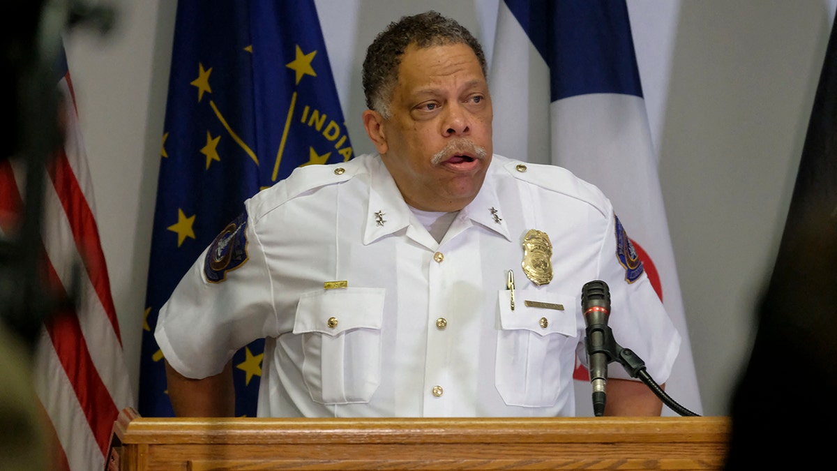 Indianapolis Metropolitan Police Department Chief Randal Taylor speak at a press conference in regards to a mass shooting at a FedEx facility in Indianapolis, Indiana, April 16, 2021. (Photo by Jeff Dean / AFP) (Photo by JEFF DEAN/AFP via Getty Images)
