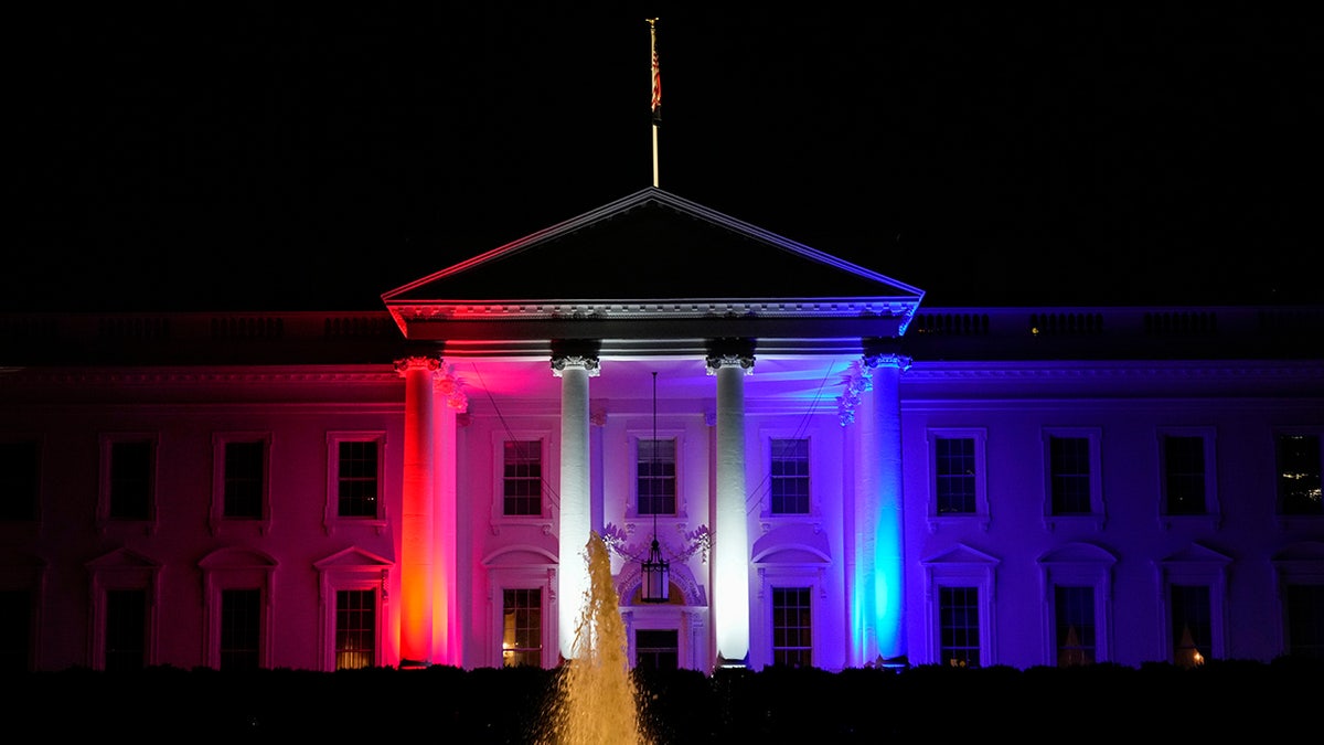 The White House is illuminated in red, white and blue in honor of Team USA as they compete in the Summer Olympics in Tokyo, Japan on July 23, 2021, in Washington, DC.