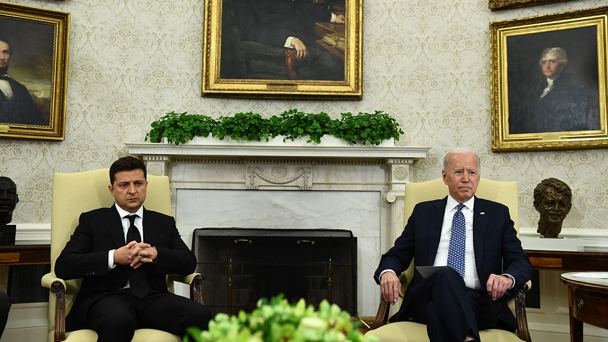 Ukraine's President Volodymyr Zelenskyy, left, meets with President Biden in the Oval Office of the White House, Sept. 1, 2021, in Washington, D.C.