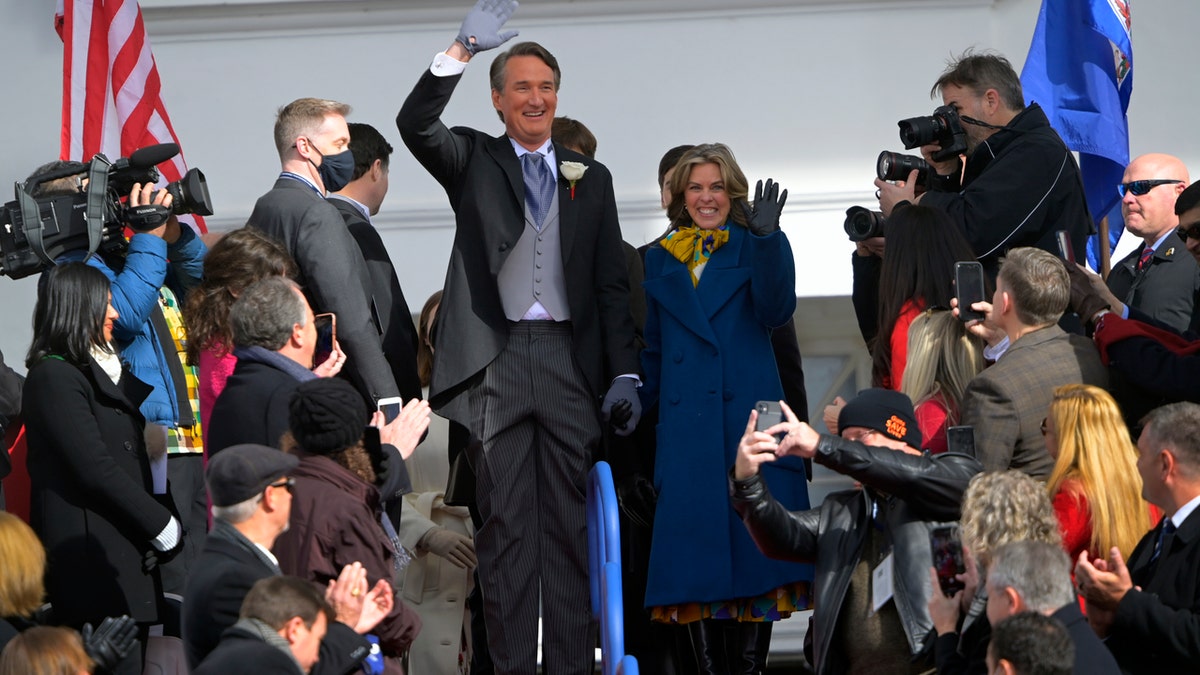 RICHMOND, VA - JANUARY 15: Glenn Youngkin and his wife Suzanne arrive to be sworn in as Virginias 74th governor ?on the front steps of the Virginia State Capitol on January 15, 2022 in Richmond, VA . (Photo by John McDonnell/The Washington Post via Getty Images)