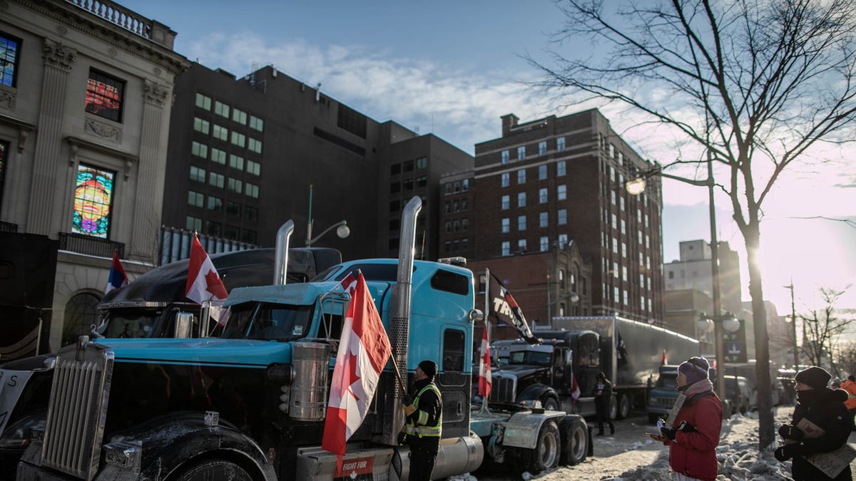 Truck drivers and supporters protest against vaccine mandates in the trucking industry in Ottawa, Ontario, on Jan. 31, 2022. (Photo by Amru Salahuddien/Anadolu Agency via Getty Images)