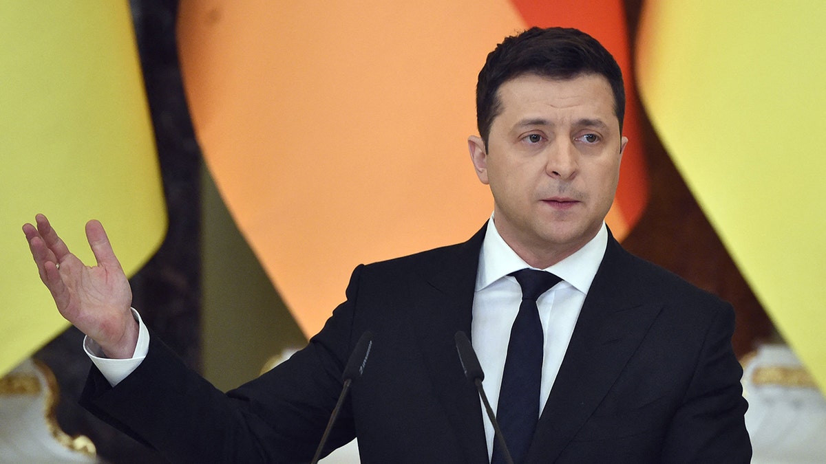 Ukrainian President Volodymyr Zelensky holds a joint press conference with the German chancellor in Kyiv on February 14, 2022.
