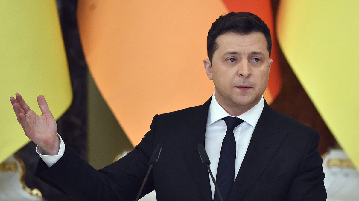 Ukrainian President Volodymyr Zelensky holds a joint press conference with the German chancellor in Kyiv on Feb. 14, 2022.