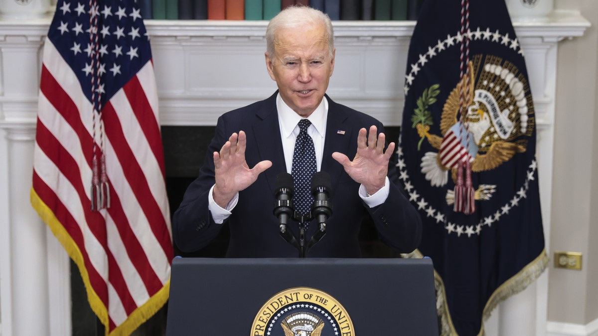U.S. President Joe Biden speaks in the Roosevelt Room of the White House in Washington, D.C., U.S., on Friday, Feb. 18, 2022. The U.S. said Russia has massed as many as 190,000 personnel, including troops, National Guard units and Russian-backed separatists, in and around Ukraine in what it called the most significant military mobilization since World War II.