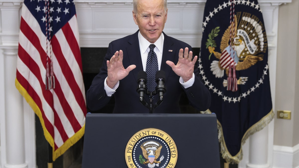 U.S. President Joe Biden speaks in the Roosevelt Room of the White House in Washington, D.C., U.S., on Friday, Feb. 18, 2022. The U.S. said Russia has massed as many as 190,000 personnel, including troops, National Guard units and Russian-backed separatists, in and around Ukraine in what it called the most significant military mobilization since World War II.