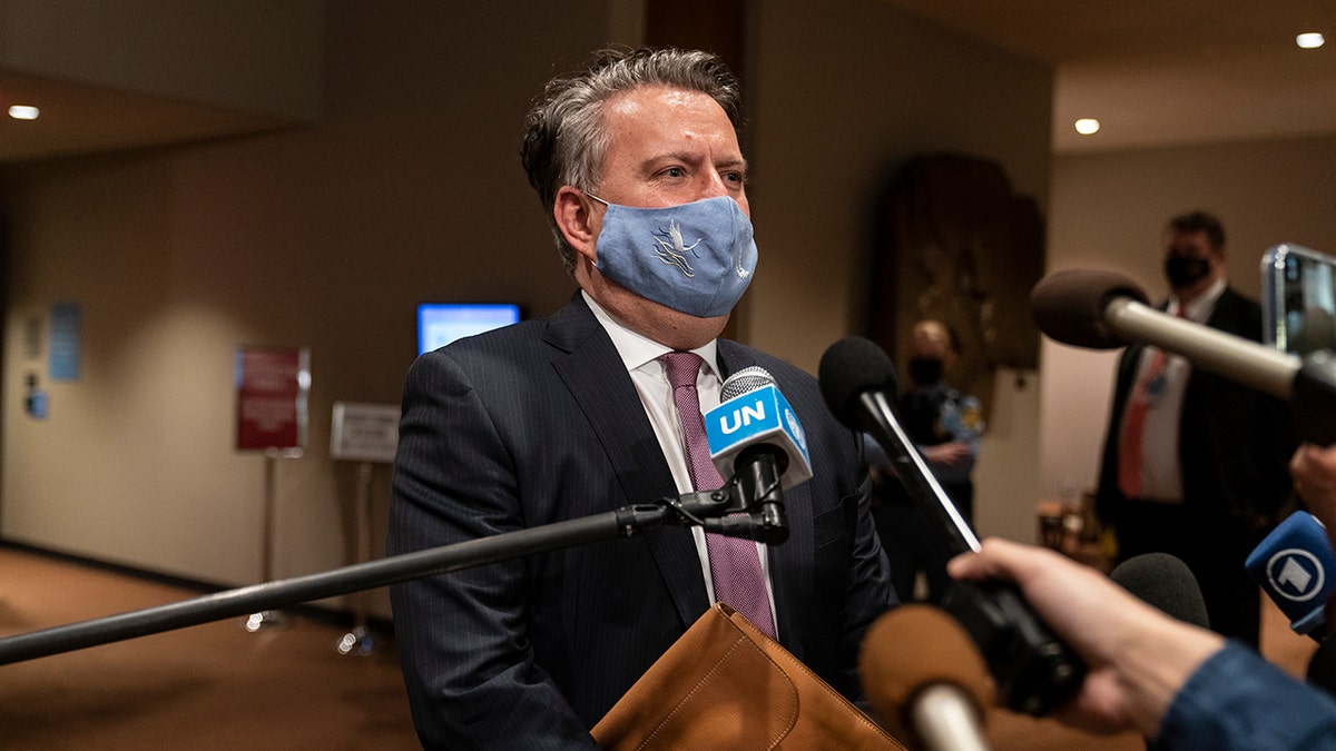 Ukraine Permanent Representative to the UN Sergiy Kyslytsya briefs media after an emergency Security Council meeting on the situation on the Ukraine-Russia border, Feb. 21, 2022, at UN Headquarters in New York. 