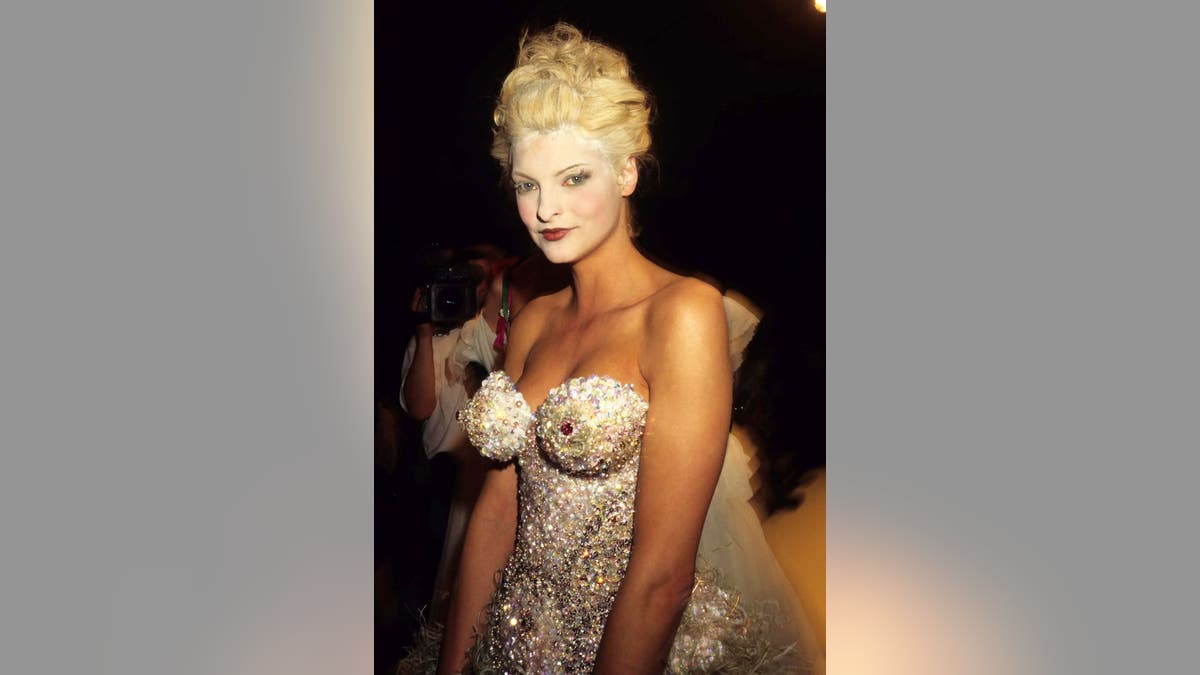 Linda Evangelista walks the runway for a Vivienne Westwood show during Paris Fashion Week in the 1990s in Paris, France.
