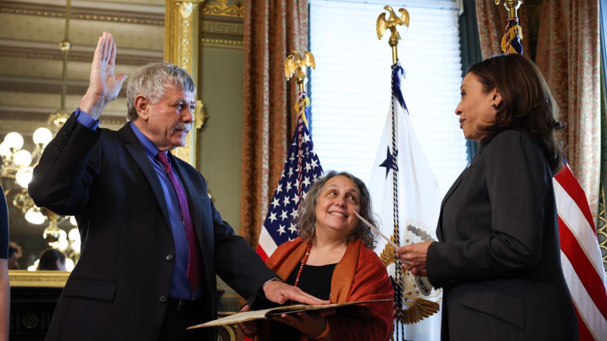 Eric Lander participates in a swearing-in ceremony with U.S. Vice President Kamala Harris in her ceremonial office in the Eisenhower Executive Office Building on June 2, 2021, in Washington, D.C