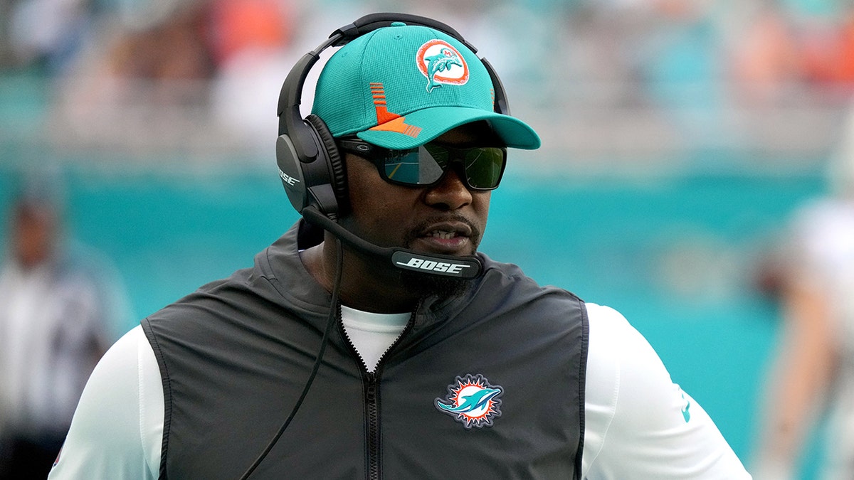 Head coach Brian Flores of the Miami Dolphins on the sidelines in the game against the Indianapolis Colts at Hard Rock Stadium on Oct. 3, 2021, in Miami Gardens, Florida. 