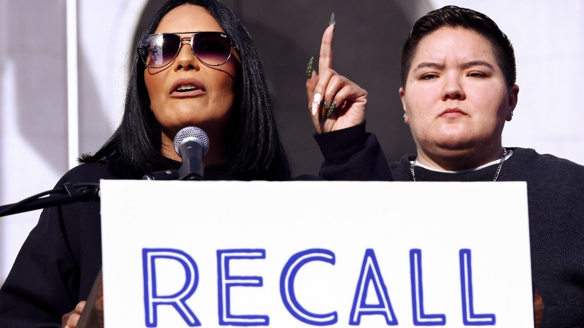 Desiree Andrade (L), whose 20-year-old son Julian Andrade was killed in 2018, speaks at a press conference with supporters of an effort to recall Los Angeles District Attorney Gascon on December 6, 2021. (Photo by Mario Tama/Getty Images)