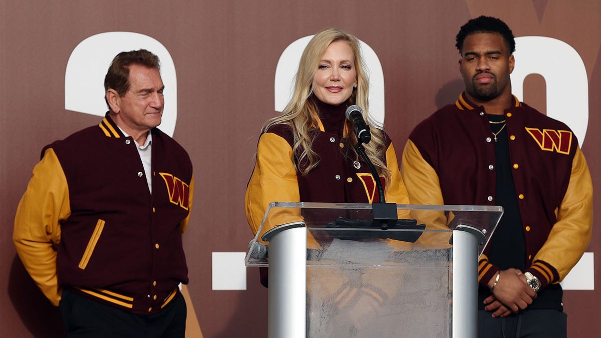 Team co-owner Tanya Snyder speaks during the announcement of the Washington Football Team's name change to the Washington Commanders at FedExField on Feb. 2, 2022 in Landover, Maryland.