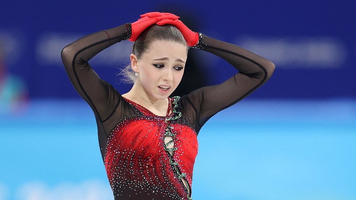 Kamila Valieva reacts during competition at the 2022 Winter Olympics in Beijing, China, Feb. 7, 2022.