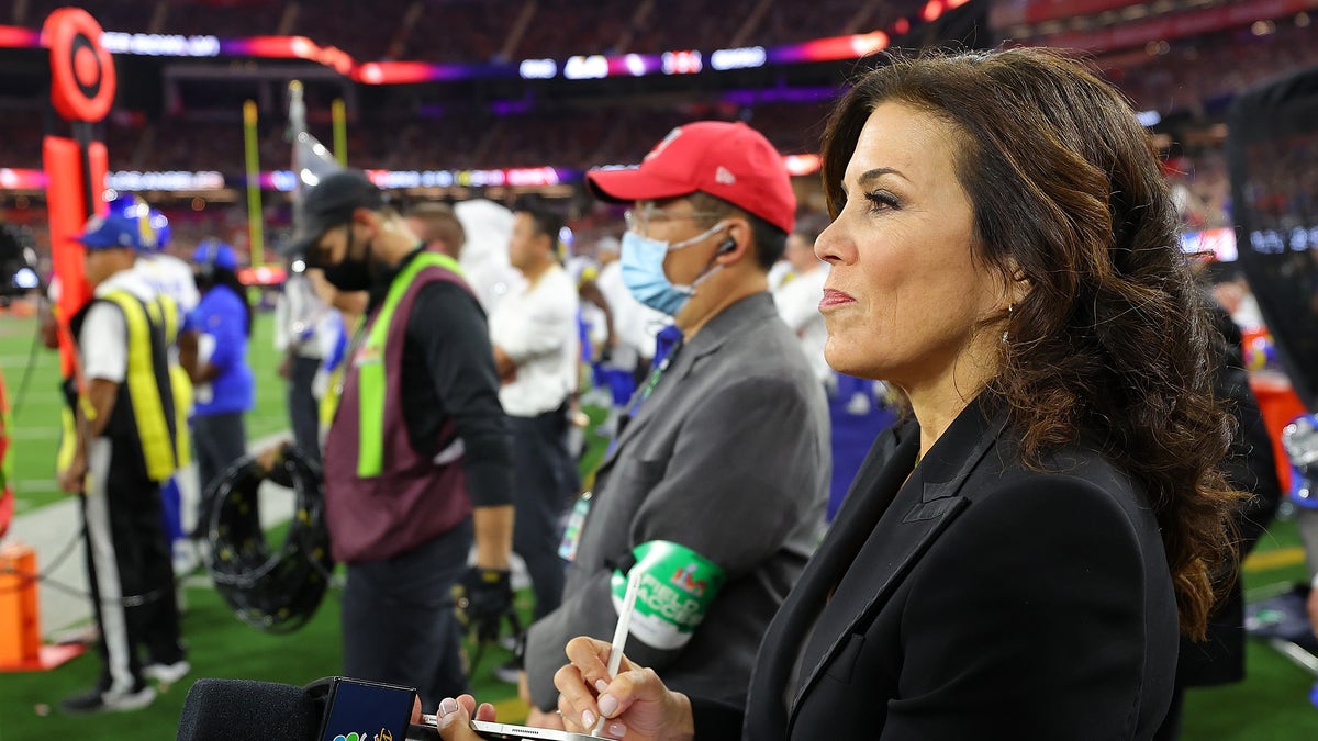 Commentator Michele Tafoya looks on during Super Bowl LVI between the Los Angeles Rams and the Cincinnati Bengals at SoFi Stadium on February 13, 2022 in Inglewood, California. (Photo by Kevin C. Cox/Getty Images)