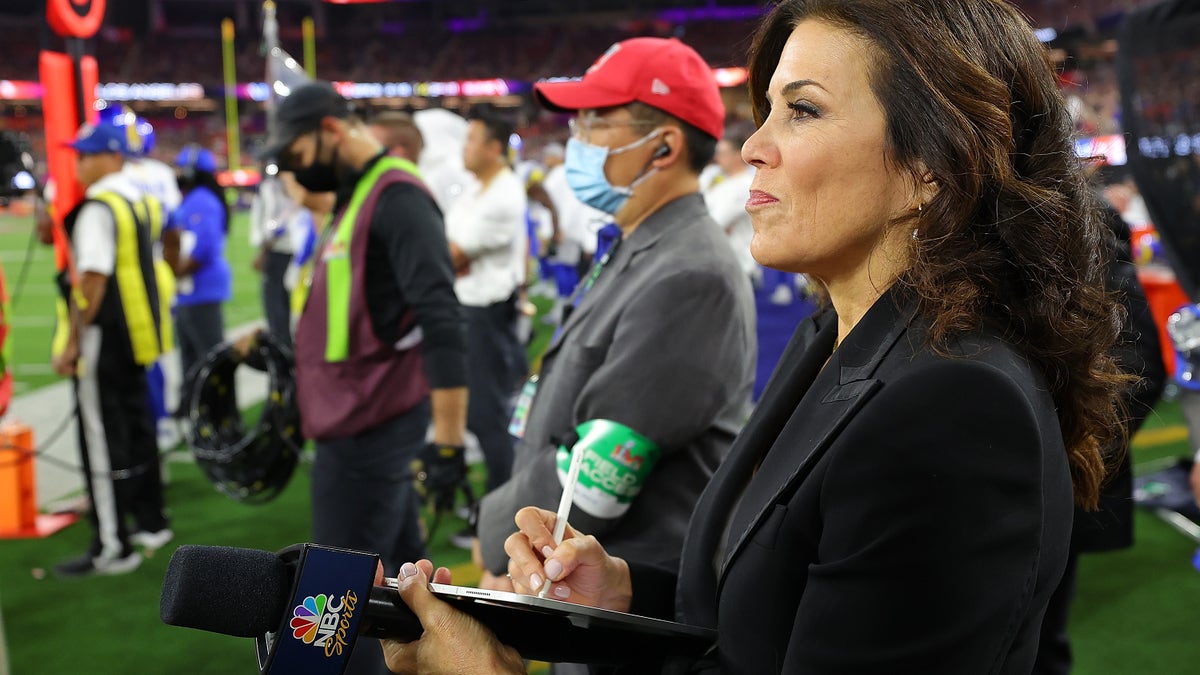 Commentator Michele Tafoya looks on during Super Bowl LVI between the Los Angeles Rams and the Cincinnati Bengals at SoFi Stadium on February 13, 2022 in Inglewood, California. (Photo by Kevin C. Cox/Getty Images)