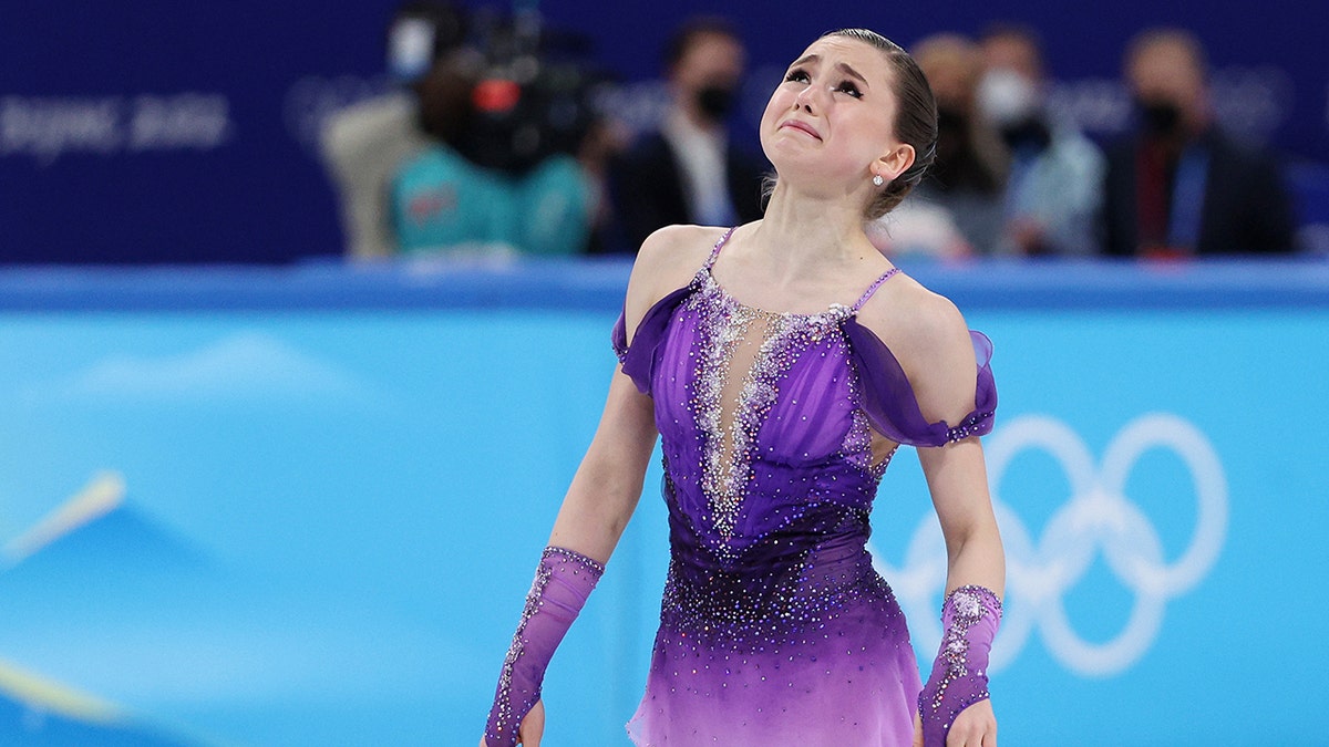 Kamila Valieva of Team ROC reacts after skating during the Women Single Skating Short Program on day eleven of the Beijing 2022 Winter Olympic Games at Capital Indoor Stadium on Feb. 15, 2022, in Beijing, China. 