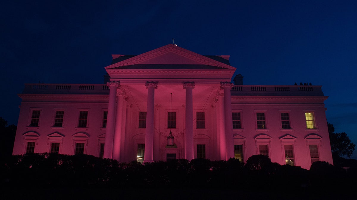 The White House is lit up in pink for breast cancer awareness month in Washington,DC, on October 20, 2016.
